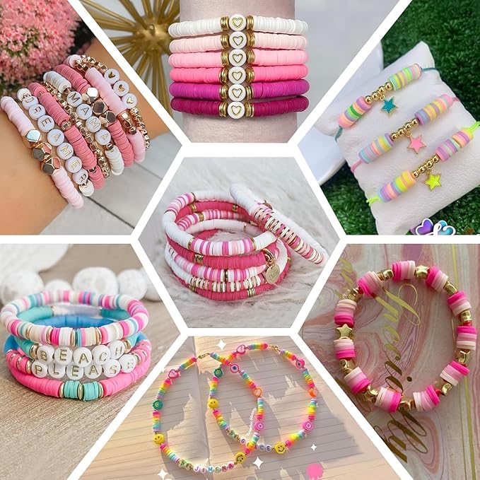 3500pcs Pink Clay Beads for Bracelets Making Kit, 6mm Heishi Polymer Flat Round Disc Clay Beads for Jewelry Making Pink