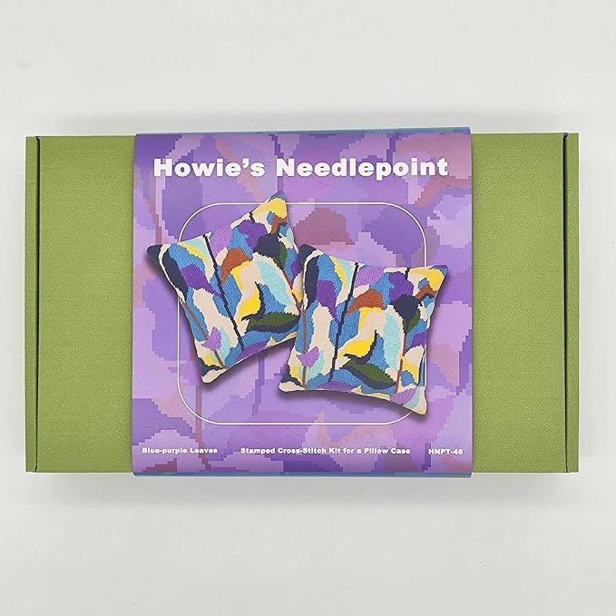 Howie's Needlepoint Needlepoint Kits for Adults, Pillow Front Cross Stitch Kit with Embroidery Pattern on Canvas, Yarn, 2 Needles and Instruction, 16 x 16inch(Blue-Purple Leaves)