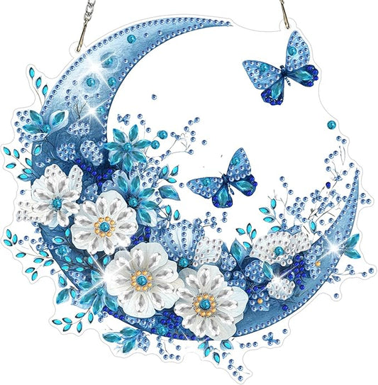 NAIMOER Diamond Art Hanging Kits for Adults Moon Butterfly 5D Special Shaped Rhinestone, DIY Acrylic Diamond Art Painting Window Pendants Home Garden Wall Hanging Ornament Kits, Double Sided