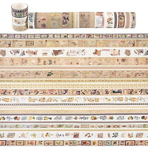 Beadthoven 20 Rolls Vintage Flower Washi Tape Set, 5/10/15/20/25mm Rustic Floral Decorative Tape Assorted Masking Tape Decor Sticker for Scrapbooking Bullet Journal Planner Present Wrapping DIY Craft