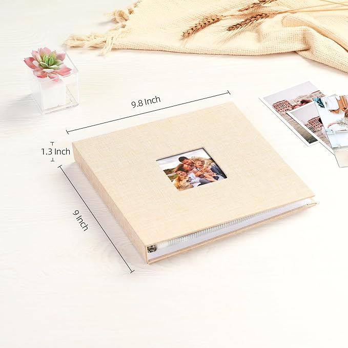 Mublalbum 8x8 Inch DIY Scrapbook Photo Album with 20 Plastic Sleeves 40 Pages Linen Cover 3 Ring Folder Binder for Wedding Baby Family and DIY Projects (Beige)