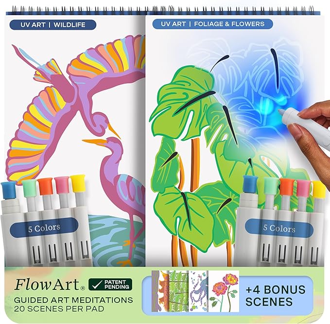 Lifelines FlowArt Activity Pads, UV Art 2-Pack - Guided Art Meditations + Illuminating Markers - 10 Markers, 40 Scenes & Bonus Scenes - Color by UV Light Coloring Books for Tweens, Adults & Seniors