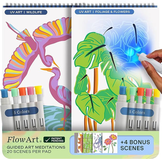 Lifelines FlowArt Activity Pads, UV Art 2-Pack - Guided Art Meditations + Illuminating Markers - 10 Markers, 40 Scenes & Bonus Scenes - Color by UV Light Coloring Books for Tweens, Adults & Seniors