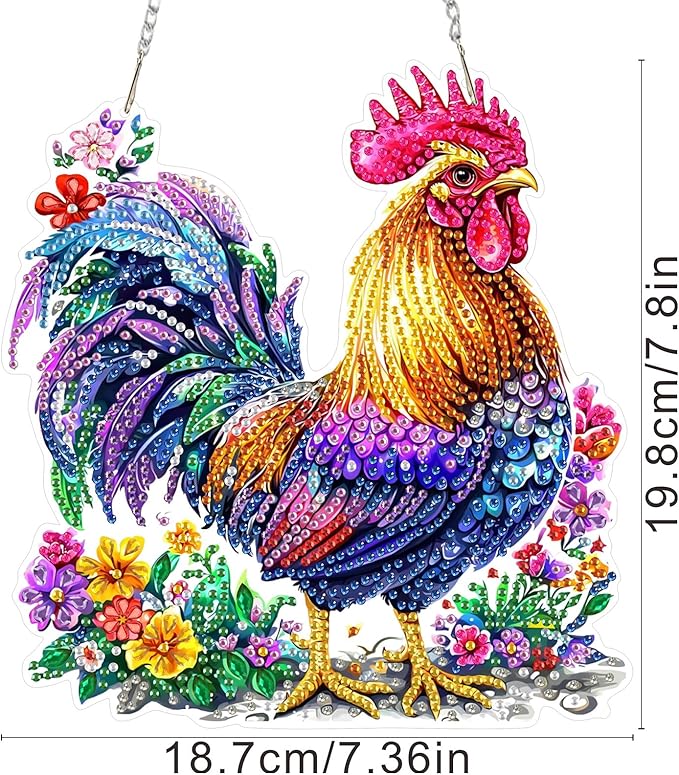 SENQAO Chicken Diamond Art Hanging Kit for Adult, Special Shaped Rhinestone, DIY Acrylic 5D Diamond Art Painting Window Pendants Home Garden Wall Hanging Kits Hanging Ornament