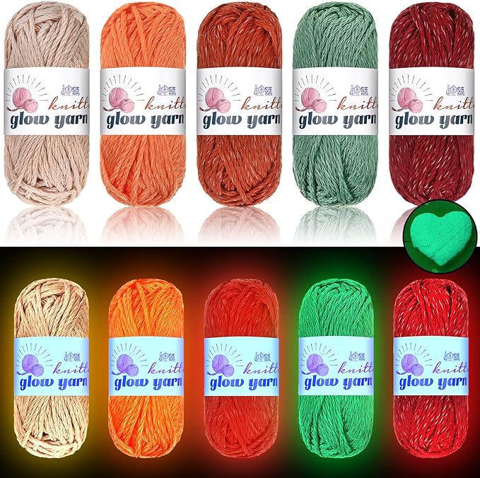 WILLBOND 5 Rolls Glow in The Dark Magic Yarn Luminous Neon Crochet Yarn for Crocheting DIY Knitting Glow Fingering Sewing Supplies for Crafts Sewing Party 54.7 yd Per Roll (Multiple Colors)