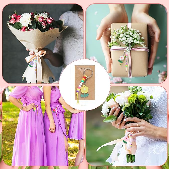 Suncalla 984 Pcs 24 Set Teacher Appreciation Gifts Keychain Making Kit DIY Cute Flower Charm Beads Key Chain Crafts Thank You for Helping Me Grow Adjustable Letter Cards Strings Kit Teacher Day Gift