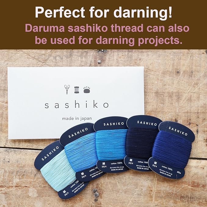 DARUMA Sashiko Thread 100% Cotton Card Type (43.7 yd) x 5 Colors with English Manual, Sewing & Embroidery Value Set with Gift Package(Thin, Amaoto)
