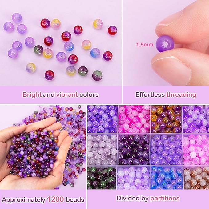 XSEINO About 1200+ pcs 6mm Glass Beads Bracelet Making Kit, 24 Assorted Purple Bi-Color Fusion Series Crystal Beads for Jewelry Making, DIY Crafts, Friendship Bracelets