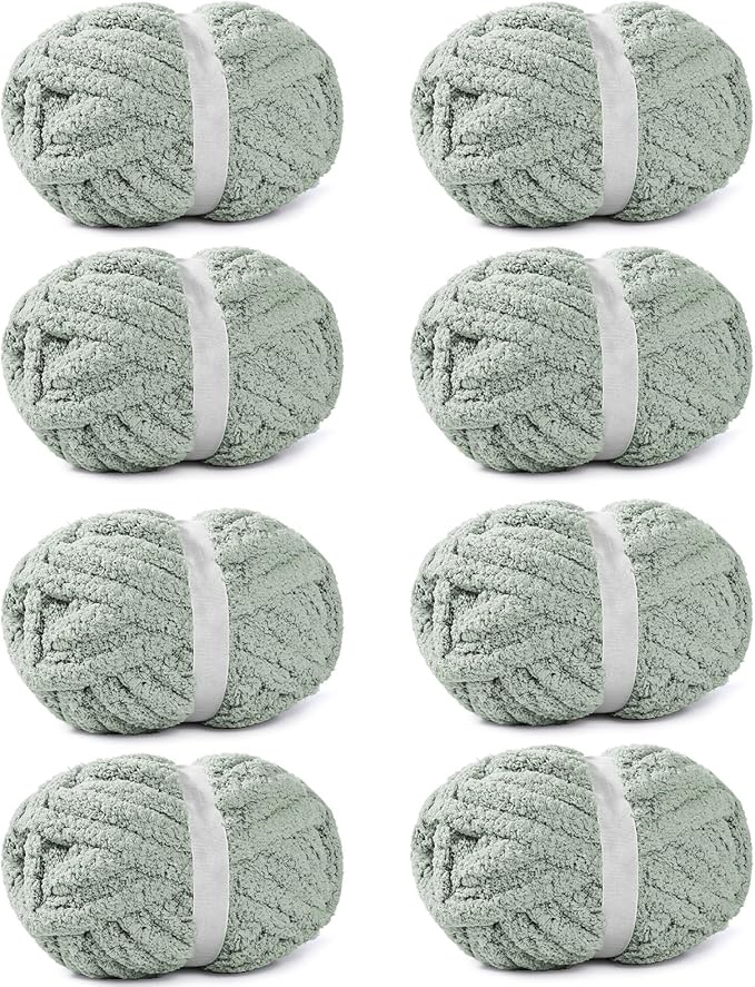 8 Pack Sage Green Chunky Chenille Yarn for Hand Knitting, Chunky Chenille Yarn, Jumbo Big Thick Chunky Yarns for Crocheting, Super Bulky Chunky Knit Blanket Yarns (27.9 yds,7.97 oz Each Skein)