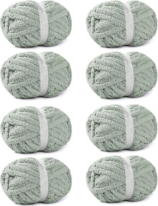 8 Pack Sage Green Chunky Chenille Yarn for Hand Knitting, Chunky Chenille Yarn, Jumbo Big Thick Chunky Yarns for Crocheting, Super Bulky Chunky Knit Blanket Yarns (27.9 yds,7.97 oz Each Skein)