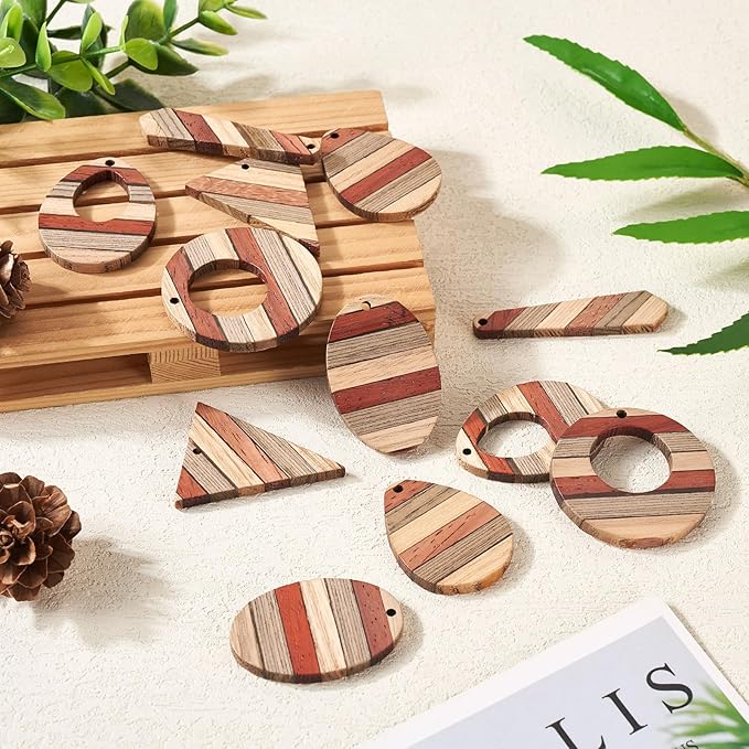 Beadthoven 12pcs/6 Pairs Natural Wood Charms DIY Earrings Pendants Colorful Striped Dark Red Rustic Wooden Pendants Mix Wood Pieces for DIY Jewelry Making Bohemian Earrings Necklace Accessories