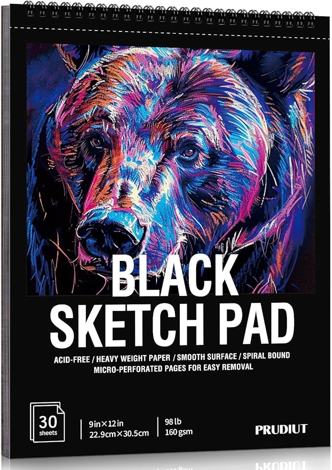 30 Sheets Black Paper Sketchbook, 98lb/160gsm Heavyweight Black Sketch Pad 9×12in, Acid-Free Drawing Paper, Spiral Bound Sketch Book for Kids, Teens, Artist
