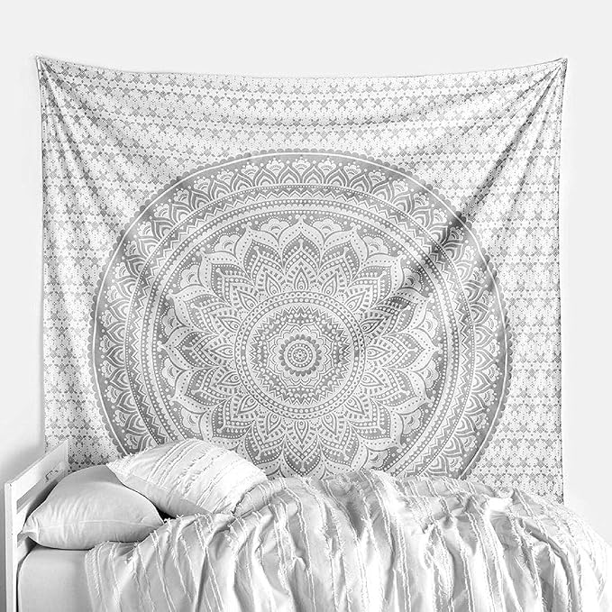 popular handicrafts tapestry wall hanging hippie ombre mandala bohemian hippy metallic shine intricate indian tapestries bedspread 54 x 82 inches (140cm x 210cm) silver