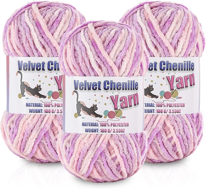 3 * 100g/3.5oz Fluffy Chenille Yarn for Crocheting, Chunky Velvet Yarn for Crochet Amigurumi, Used for Making Baby Yarns Blanket, Clothes, Pattern Knitting Creations (Pastel Purple)