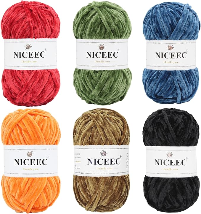 NICEEC 6 Skeins Soft Chenille Yarn Assorted Colors Blanket Yarn for Knitting Fancy Yarn for Crochet Weaving DIY Craft Total Length 6×85m (6×93yds, 6×50g)_Dark Series