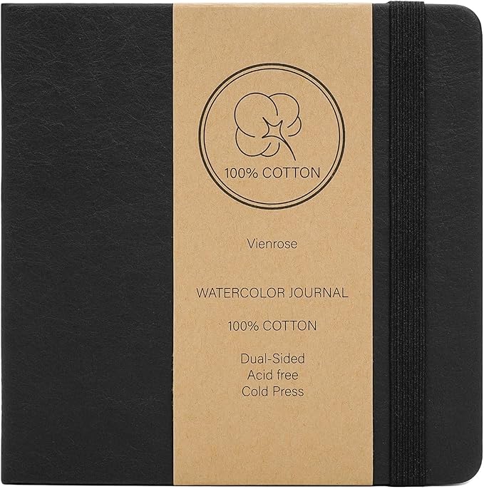 Vienrose Watercolor Sketchbook, 5.5"x5.5" Watercolor Journal with 24 Sheets 48 Pages 140 LB (300 GSM) Cotton Watercolor Paper, Black Leather Cover Water Coloring Sketch Book As Travel Notebook
