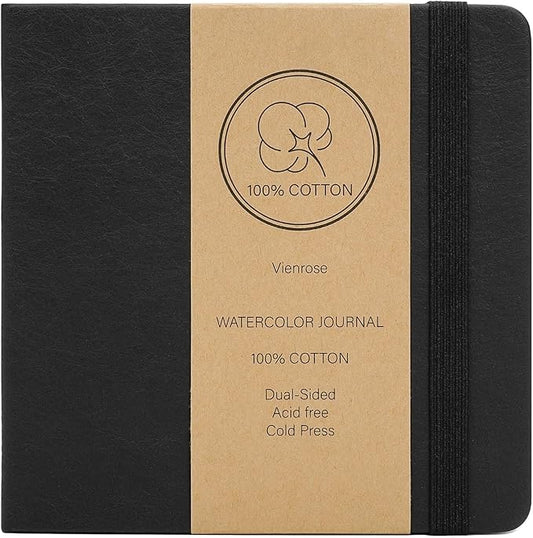 Vienrose Watercolor Sketchbook, 5.5"x5.5" Watercolor Journal with 24 Sheets 48 Pages 140 LB (300 GSM) Cotton Watercolor Paper, Black Leather Cover Water Coloring Sketch Book As Travel Notebook