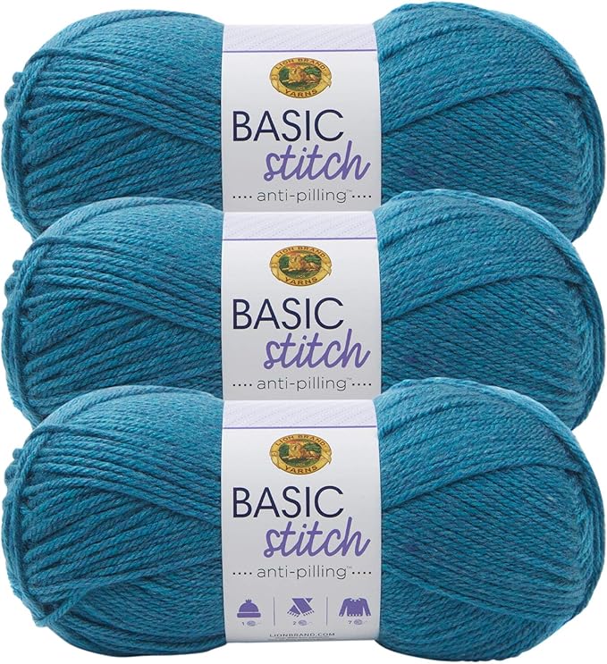 Lion Brand Yarn Basic Stitch Anti-Pilling Yarn for Crocheting, Knitting, and Crafts, Turquoise Heather, 3 Pack