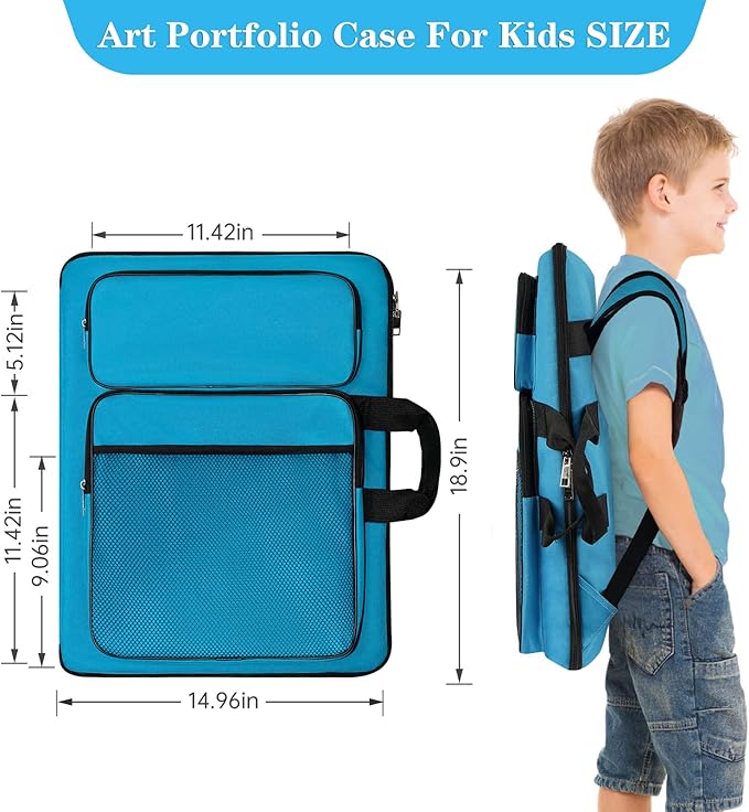 Art Portfolio For Kids Artwork, Artist Bag Organizer 15x18 In For Children Drawing Lesson,A3 artist Backpack Storage Sketchbook,Drawing Pencil,Artwork Set.Empty art case(Blue)