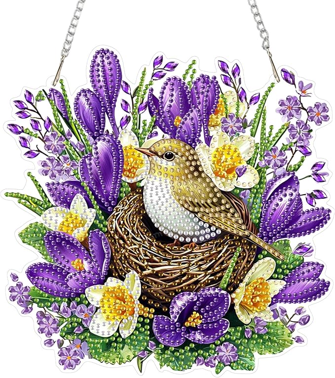 RICUVED Hanging Diamond Art Painting Kit, Special Shaped Crystal Craft Bird's Nest Diamond Painting Pendant Kit for Adults, DIY Flowers Hanging Acrylic Diamond Art Ornament Kit for Home Garden Decor