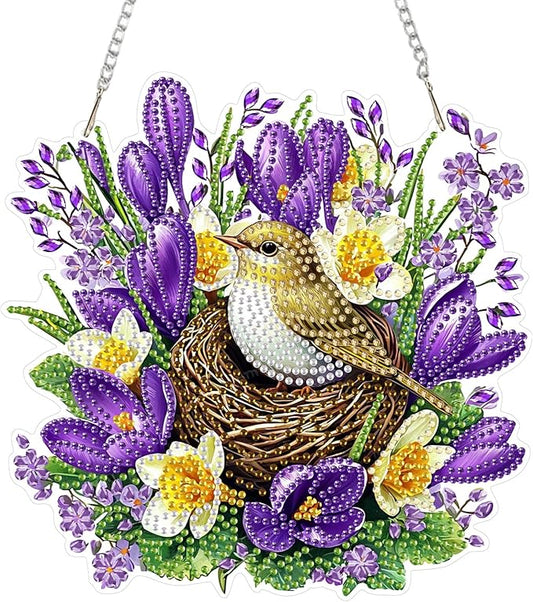 RICUVED Hanging Diamond Art Painting Kit, Special Shaped Crystal Craft Bird's Nest Diamond Painting Pendant Kit for Adults, DIY Flowers Hanging Acrylic Diamond Art Ornament Kit for Home Garden Decor