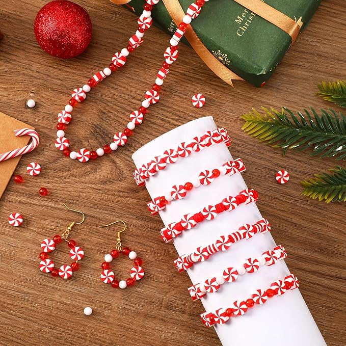 UPINS 1500Pcs Christmas Red and White Beads for Jewelry Making Xmas Candy Polymer Clay Beads for Holiday Necklace Bracelet Earring Craft and Christmas Tree Ornaments