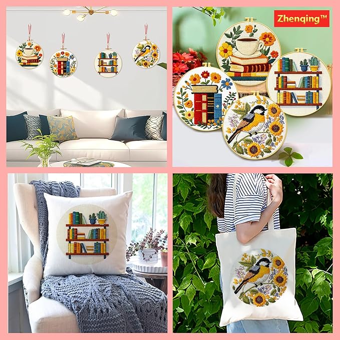 Zhenqing Book Lover's Cross Stitch Kit - 4-Piece Set with Pre-Printed 11CT 24x24cm Fabric, Hoop & Tools, Reading & Flower Themes for Beginners(70411)