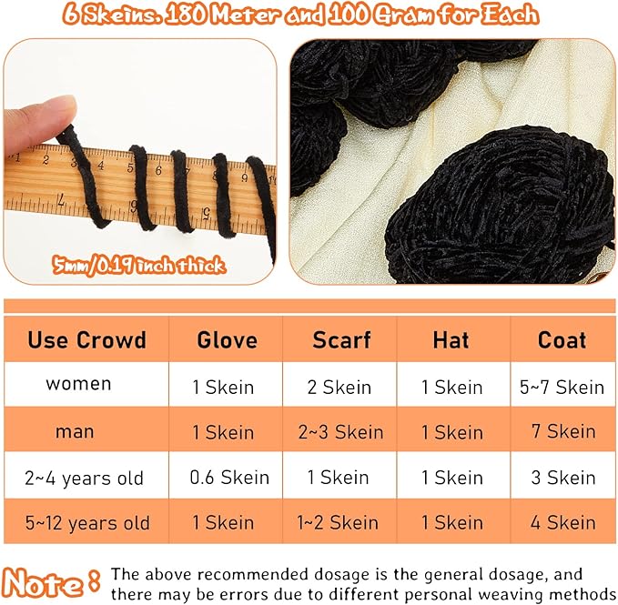 Amylove 6 Rolls Soft Velvet Chenille Yarn for Crocheting 1182 Yards Polyester Blanket Fuzzy Thick Yarn for DIY Knitting Bulky Weaving Crafts, 197 yd, 3.53 oz Each Roll(Black)