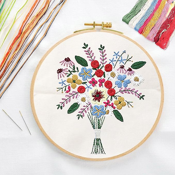 CREAWONDER Canvas Tote Bag Embroidery Kit with Pattern for Beginners, Arts and DIY Embroidery Crafts Kits for Adults, Include Instructions, Thimble, Embroidery Hoops, Color Threads and Tool