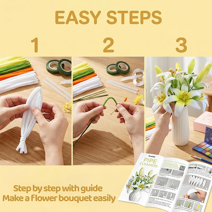 500 Pcs Pipe Cleaners Craft Bulk,4 Assorted Colors Chenille Stems for DIY Flower Making Kit with Floral Wire, Gardening Tape, Stamen & Ribbon, Pipe Cleaners Flowers, Arts and Craft Supplies for Kids