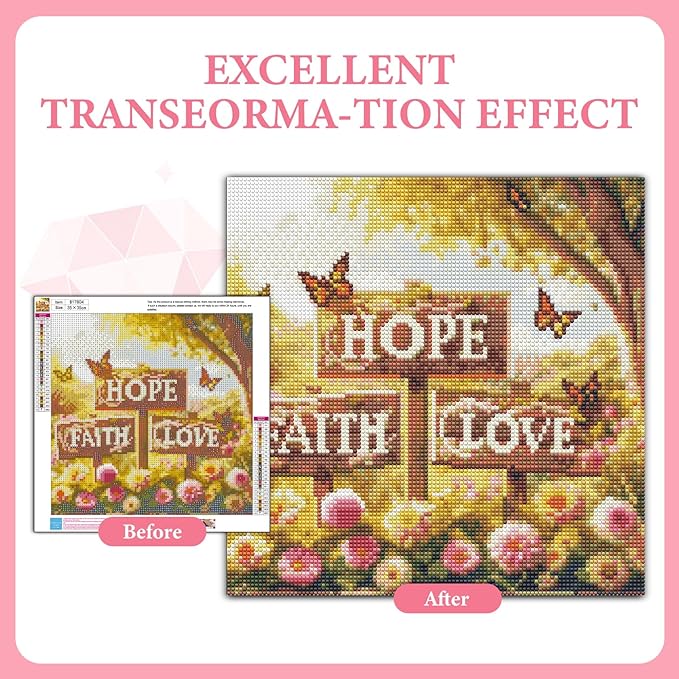 GEEHEIY Faith Hope Love Diamond Art Kits for Adults, 5D Diamond Painting Kits for Beginner, DIY Full Drill Round Gem Art for Home Wall Decor 14 x14 Inch