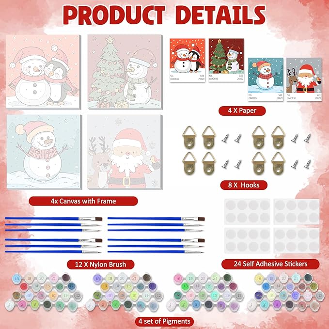 DOMROM 4 Pack Framed Paint by Numbers Penguin for Kids Beginners, Adult Paint by Number Kits Santa on Canvas, Acrylic Number Painting Christmas Craft Kits for Gift Home Decor 8x8in