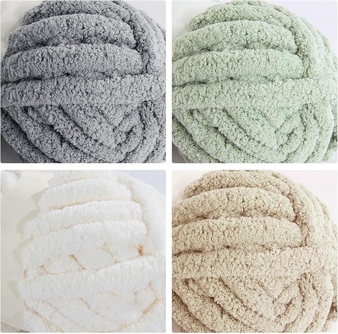 MABOZOO Assorted Chunky Yarn for Crocheting 8 Pack,Fluffy Jumbo Chenille Yarn,Soft Plush Yarn Bulky,Giant Thick Fuzzy Yarn for Hand or Arm Knitting,Cream & Khaki&Sage&Grey(31.7 yds,8 oz Each Skein)