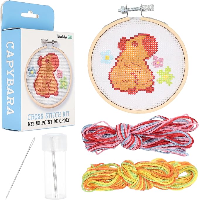 GAMAGO Capybara Cross Stitch Embroidery Kit – DIY Needlework Craft Set with Hoop, Fabric, Floss & Instructions, Cute Beginner Embroidery Kit for Kids, Teens, & Adults