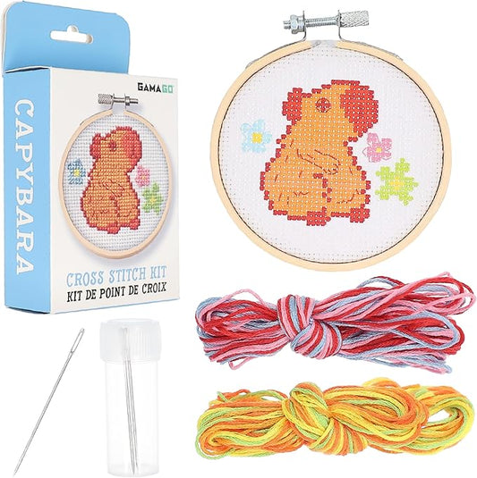 GAMAGO Capybara Cross Stitch Embroidery Kit – DIY Needlework Craft Set with Hoop, Fabric, Floss & Instructions, Cute Beginner Embroidery Kit for Kids, Teens, & Adults