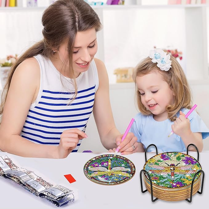 Dragonfly Diamond Art Coasters Kit, 8 Pcs Stained Glass Style Diamond Painting Coaster for Adults Beginners, Coaster Making Kits with Holder Cork Pads, DIY Project for Home Christmas Ornaments Gifts