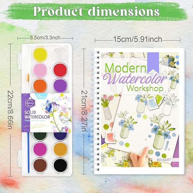 Beginners Watercolor Workbook for Adults -Step-by-Step Coloring Book Set-12 coloring book pages - Includes 16 color blocks and a brush - Professional Watercolor Paper: 300gsm/140lb (Bouquet)