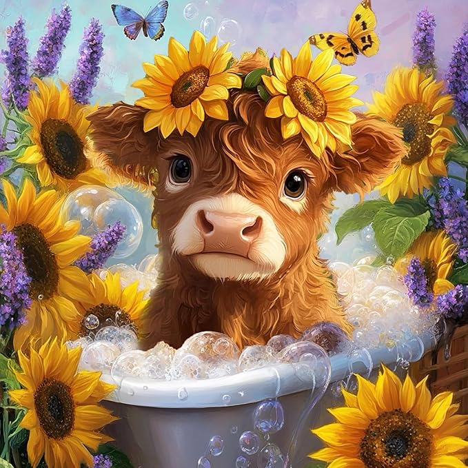 igoodom Cow Diamond Art Kits for Adults, Highland Cow Diamond Painting Kit, Full Drill Round Diamond Art Kits, DIY Gem Art and Crafts for Home Wall Decor Gift 14x14inch