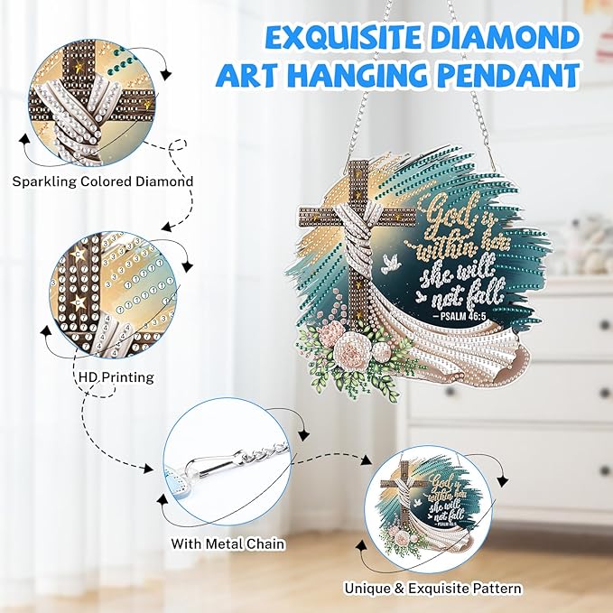 Bowetile Cross Diamond Art Hanging Kits for Adults, Diamond Art Suncatchers Easter, 5D Special Shape Diamond Painting Pendant Window Ornament Easter Gifts for Home Wall Garden Decor