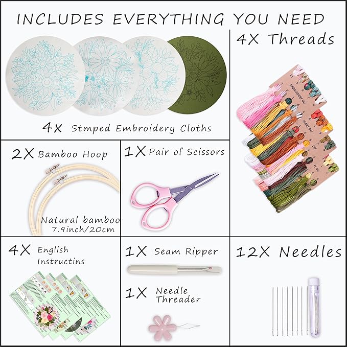 bonroy 4 sets embroidery set for beginners, art craft, easy sewing embroidery kit includes embroidered clothes with patterns, embroidery hoops, instruction manual, color stitch set (3)