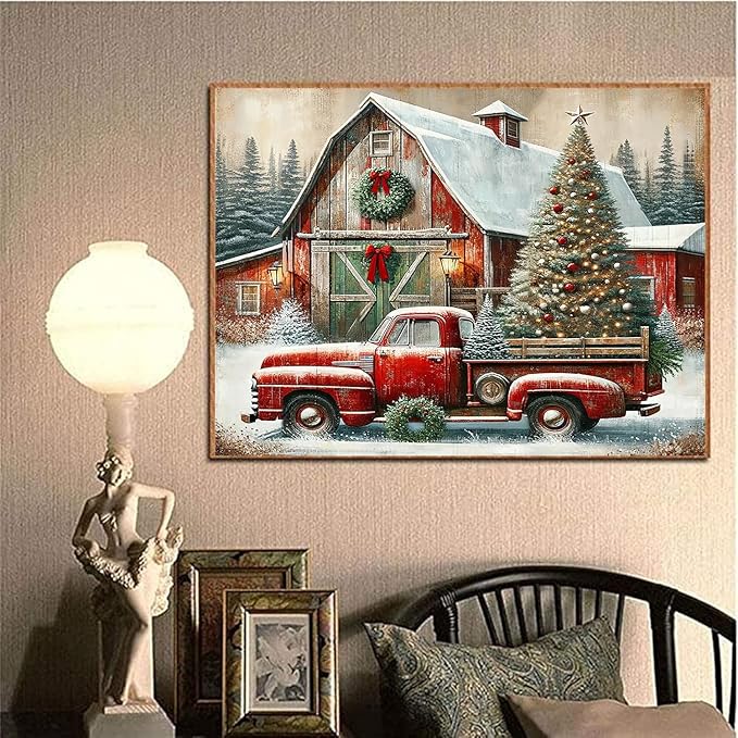 igoodom Diamond Art Kits for Adults, Christmas Diamond Painting Kit, Full Drill Round Christmas Red Truck Diamond Art Kits, DIY Gem Art and Crafts for Home Wall Decor Gift 16x12inch
