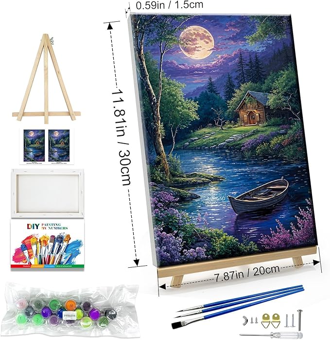 JOOZ Landscape Paint by Numbers Kit for Adults Beginner with Easel Cabin at Night Paint by Number on Canvas with Frame DIY Acrylic Painting for Ideal Gift Home Wall Decor 7.87x11.81 Inch