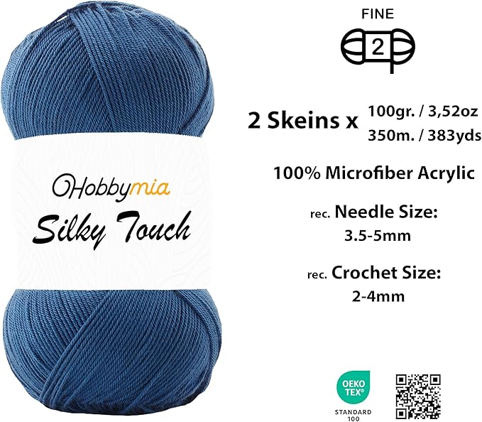 Silky Touch Acrylic Yarn - Soft Sport Weight Yarn for Crochet & Knitting - 100g / 383yds - 100% Microfiber Acrylic - Lightweight Fine Smooth Yarn(Blue - Air Force Blue, 2 Skeins)