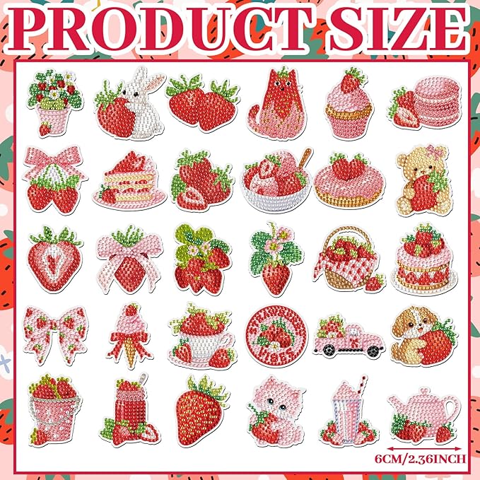 30 Pcs Strawberry Diamond Art Painting Magnets Kits Shortcake Magnetic Fridge Diamond Art Painting Kits Summer Cute Fridge Sticker Magnet 5D DIY Craft for Adult Beginner Gifts Toy Home Office Decor