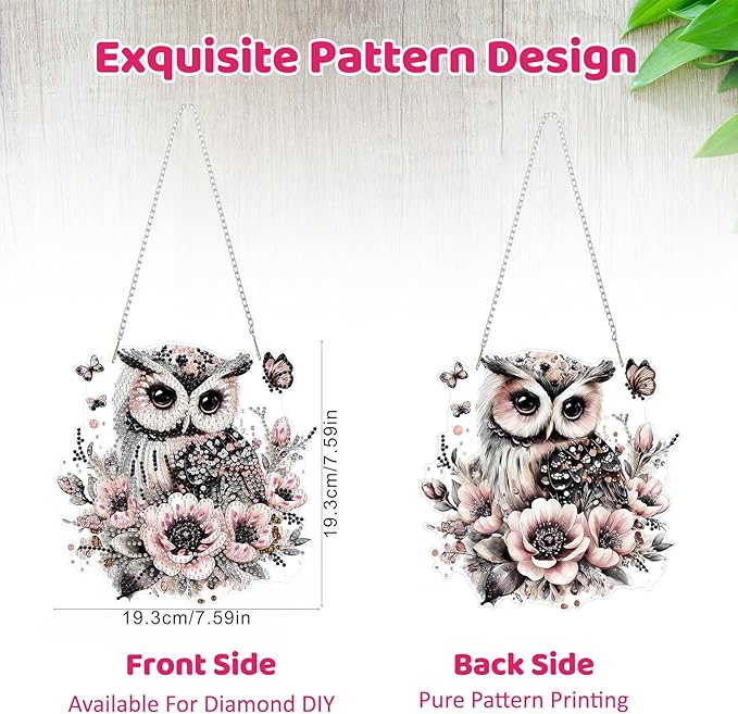 MEIYUDA Owl Diamond Art Hanging Kits for Adult, Flowers Owl Diamond Painting Hanging Kits Ornaments, DIY Special Shaped Rhinestone Window Pendants Kit for Home Garden Wall Decor Gift