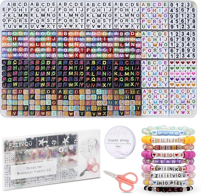 FZIIVQU 1400 Pcs Letter Beads Kit, 28 Styles White Acrylic Alphabet Beads Letter Beads for Jewelry Making wiht Number Beads Heart Beads Friendship Bracelet Kit