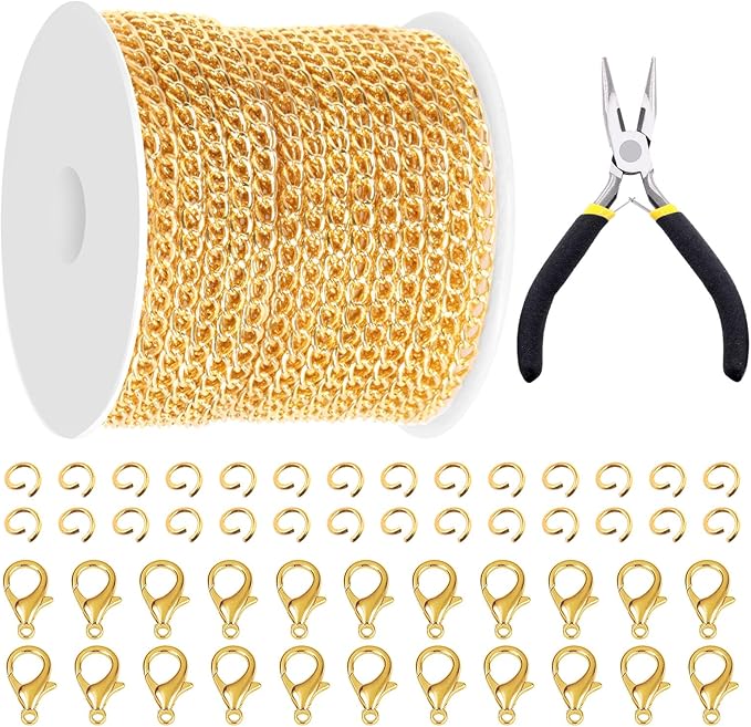 Glarks 102Pcs 30 Feet Jewelry Chains Set Gold Cable Link Chains Link Rolls Bulk Twisted Links Chain Necklace Jewelry Making Chains with Lobster Clasps and Jump Rings for Necklace Jewelry Making