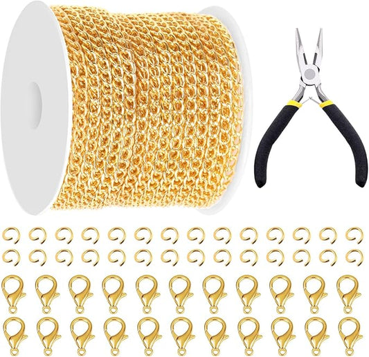 Glarks 102Pcs 30 Feet Jewelry Chains Set Gold Cable Link Chains Link Rolls Bulk Twisted Links Chain Necklace Jewelry Making Chains with Lobster Clasps and Jump Rings for Necklace Jewelry Making