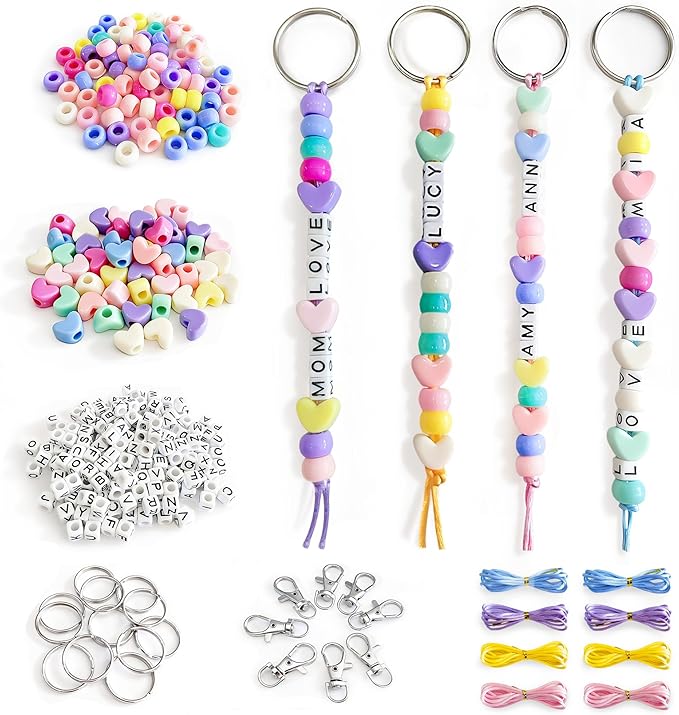 BIGCOMER 578Pcs DIY Bead Keychain Making Kit – Alphabet Letter Beads & Key Rings Set – Custom Backpack Charms, Phone Straps & Arts Crafts Gifts for Kids & Adults