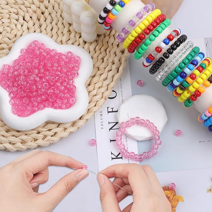 Plastic Pony Beads, 1000 Pcs, 6x9mm, for Bracelet, Hair Braiding, Friendship Bracelets, Jewelry Making (Pink Glitter)